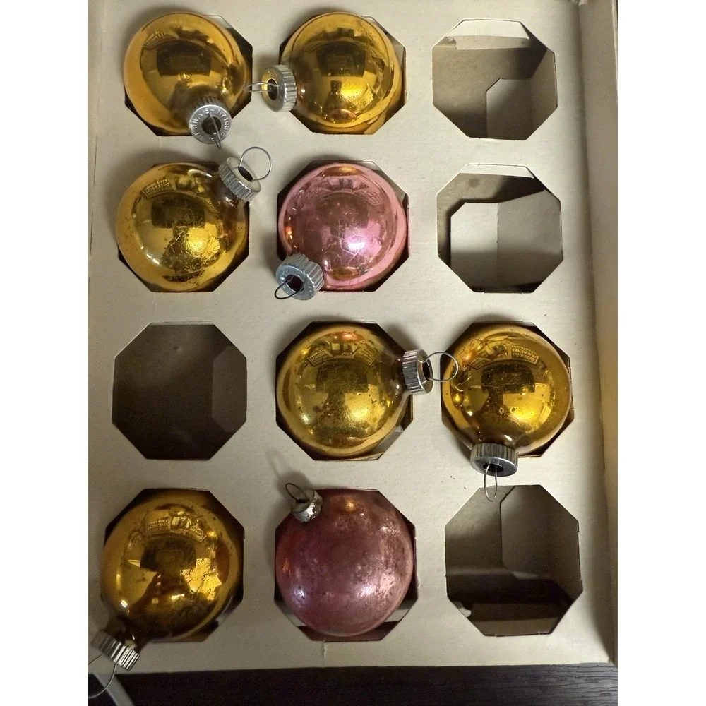 Vtg Shiny Brite Glass Christmas Tree Ornaments Mixed Original Box Of 8